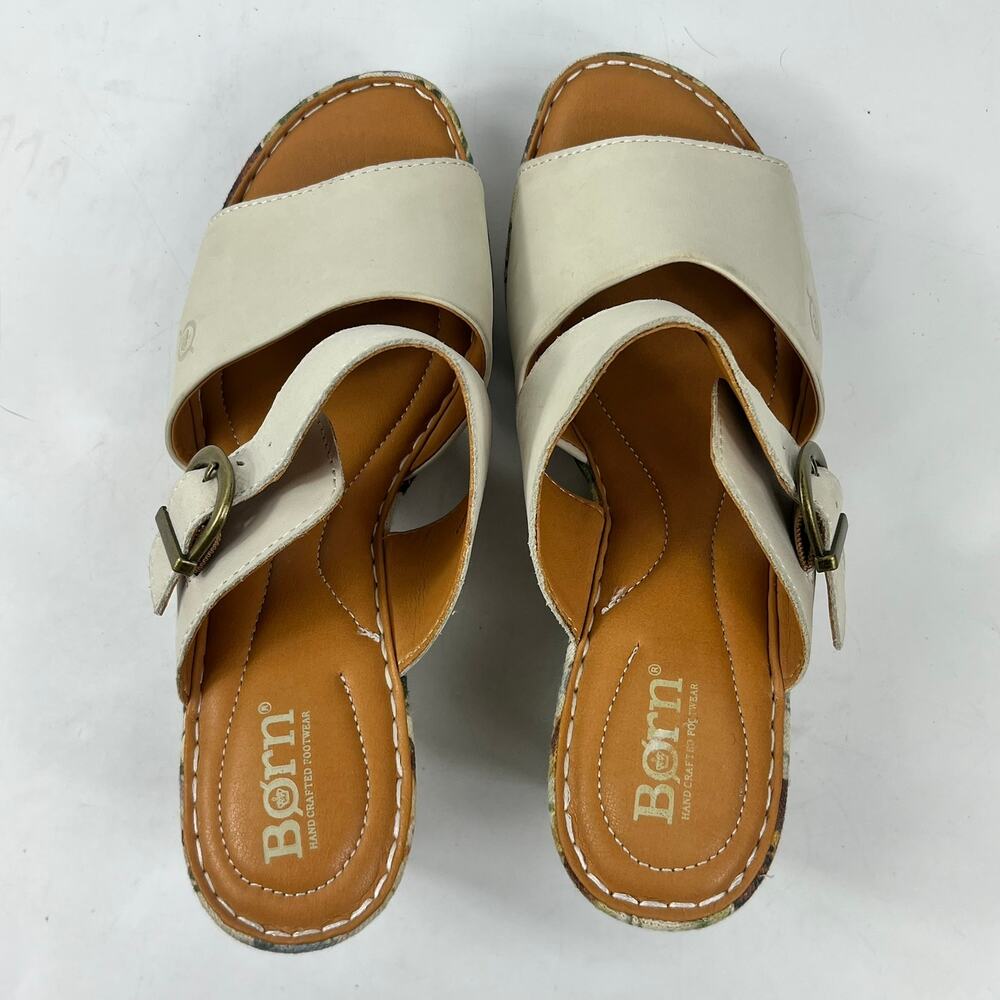 Born Womens 9M Floral Print Spring Canvas Wedge Sandals Leather 3.5″ Buckle - Picture 6 of 16